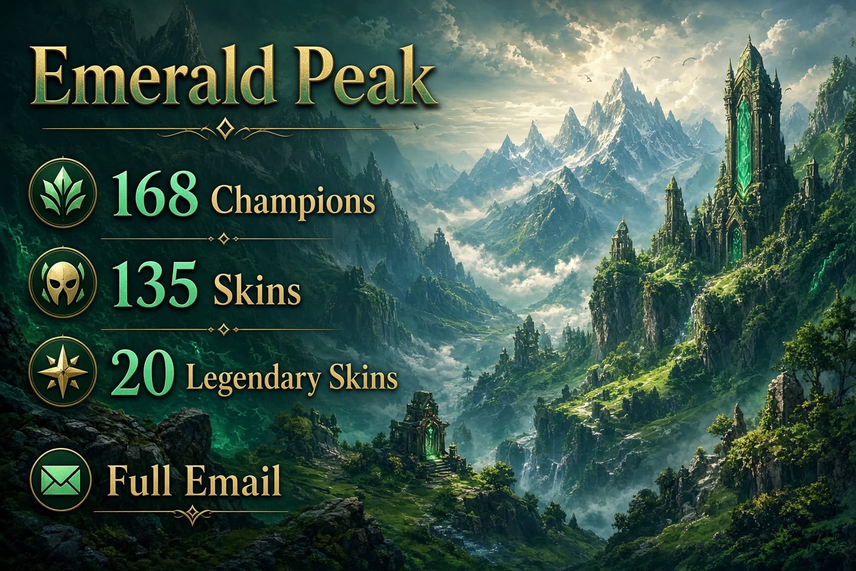 Emerald Peak | 168 Champions | 135 Skins | 20 Legendary Skins | Full Email