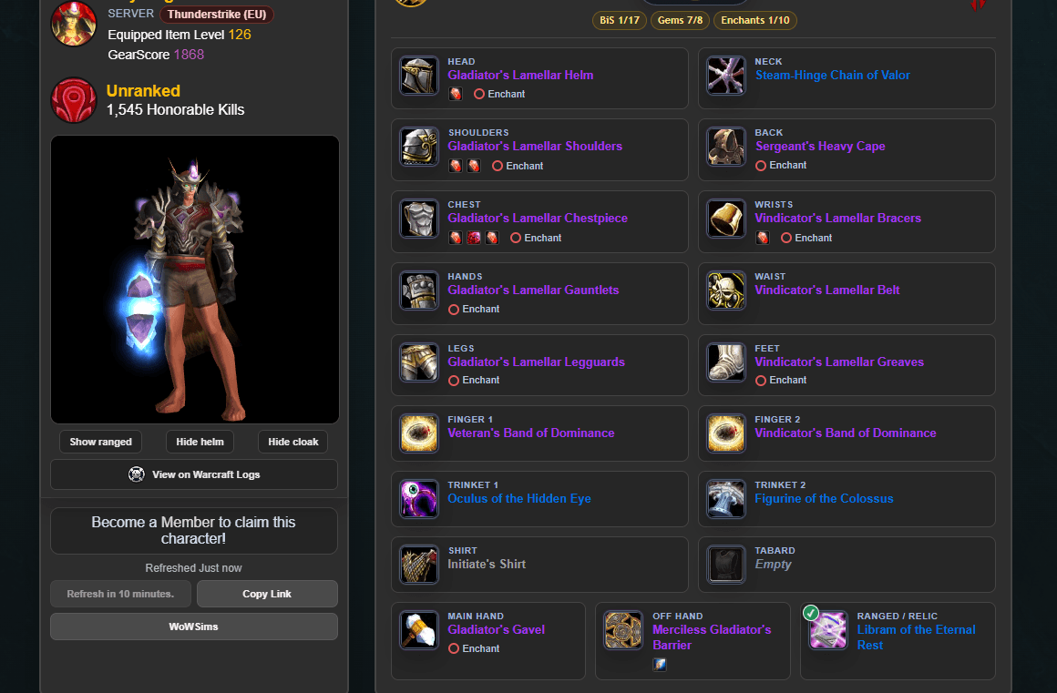 2950 Gold | 1868 Gearscore | 70 Pally | 17d Gametime | Full PvP
