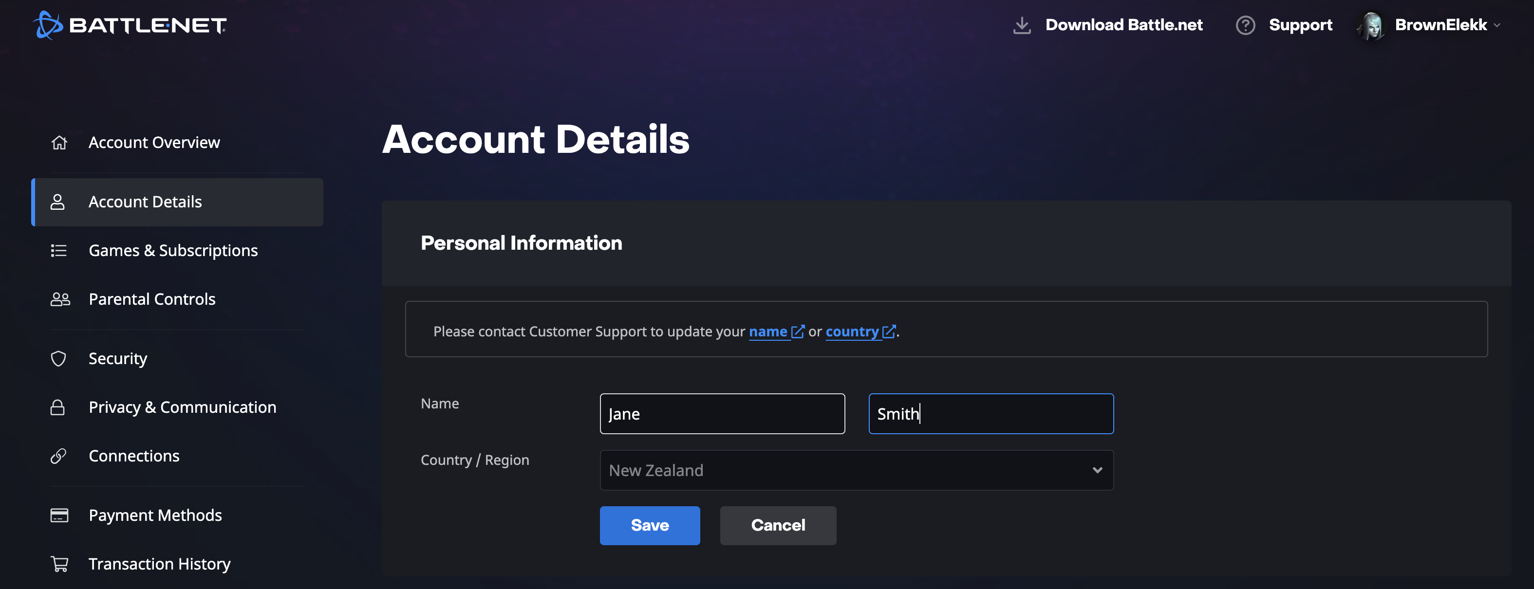 Battle.net Account Details page with the editable first and last name fields, mid-edit
