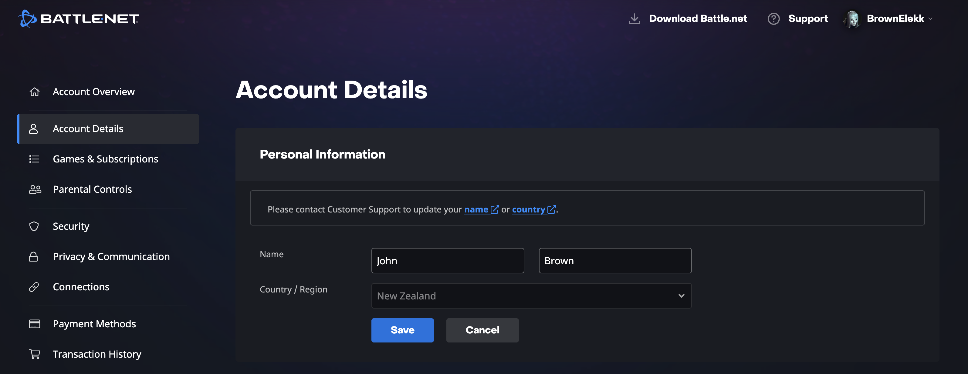 Battle.net Account Details page showing a different registered name entered into the editable fields