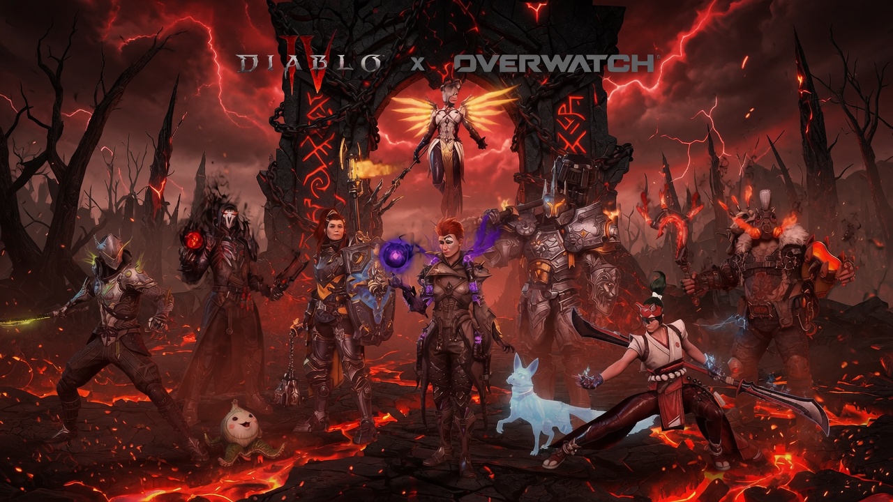 Diablo IV x Overwatch crossover key art for Season of Death Awakening, featuring Overwatch-themed skins and Kiriko's Fox Spirit