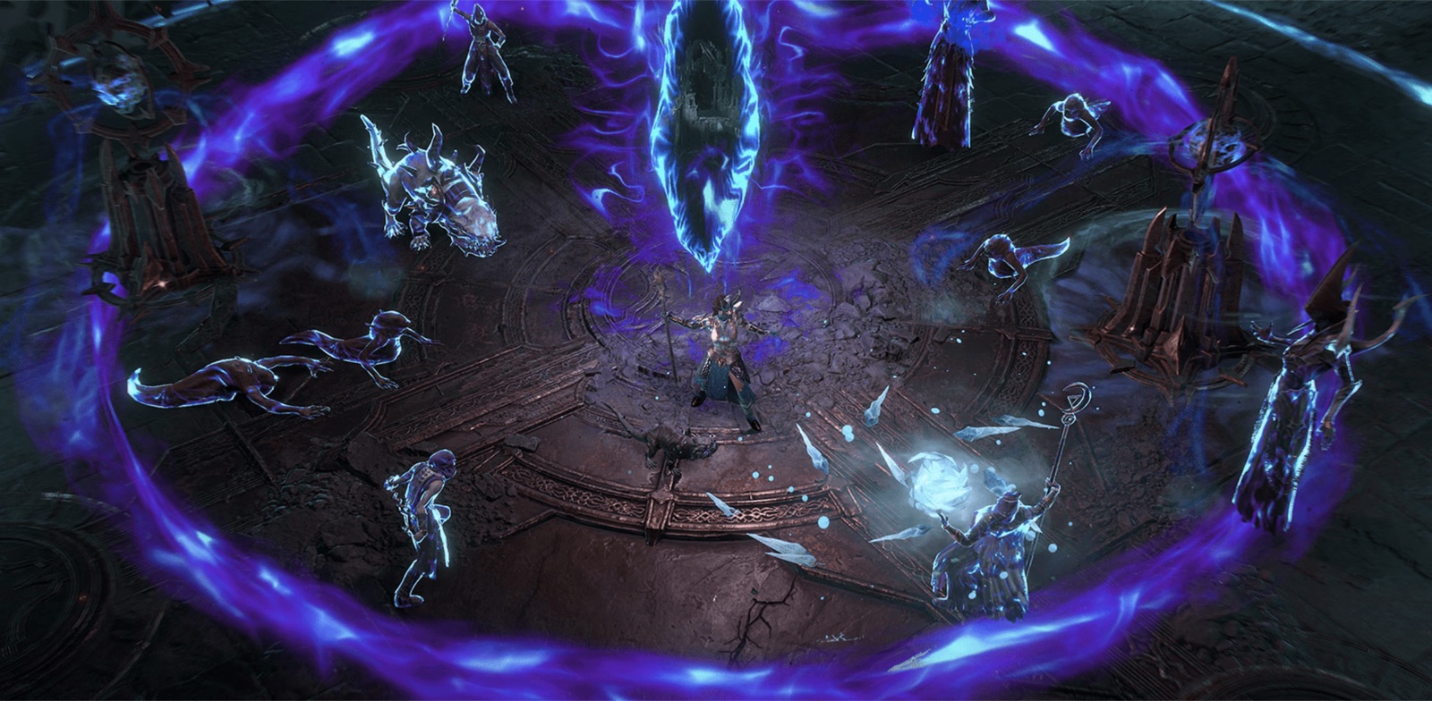 Inside a Deathtoll Chamber in Diablo 4 Season of Death Awakening, ringed by a ritual circle and Risen enemies