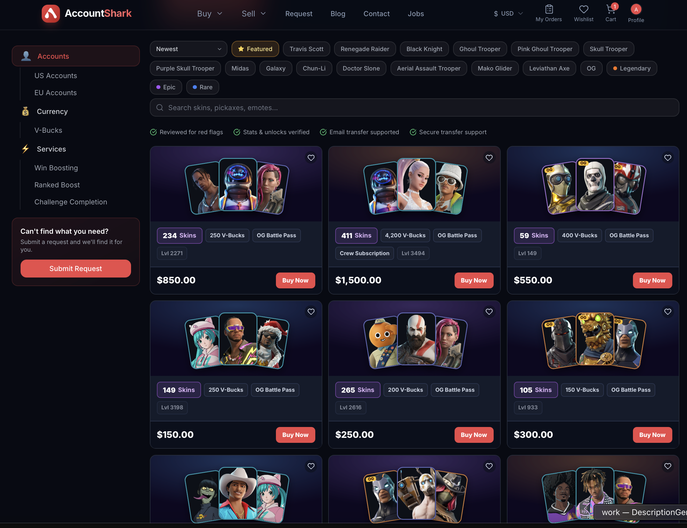 AccountShark Fortnite account marketplace listings showing locker previews with skin counts, V-Bucks, and OG Battle Pass badges