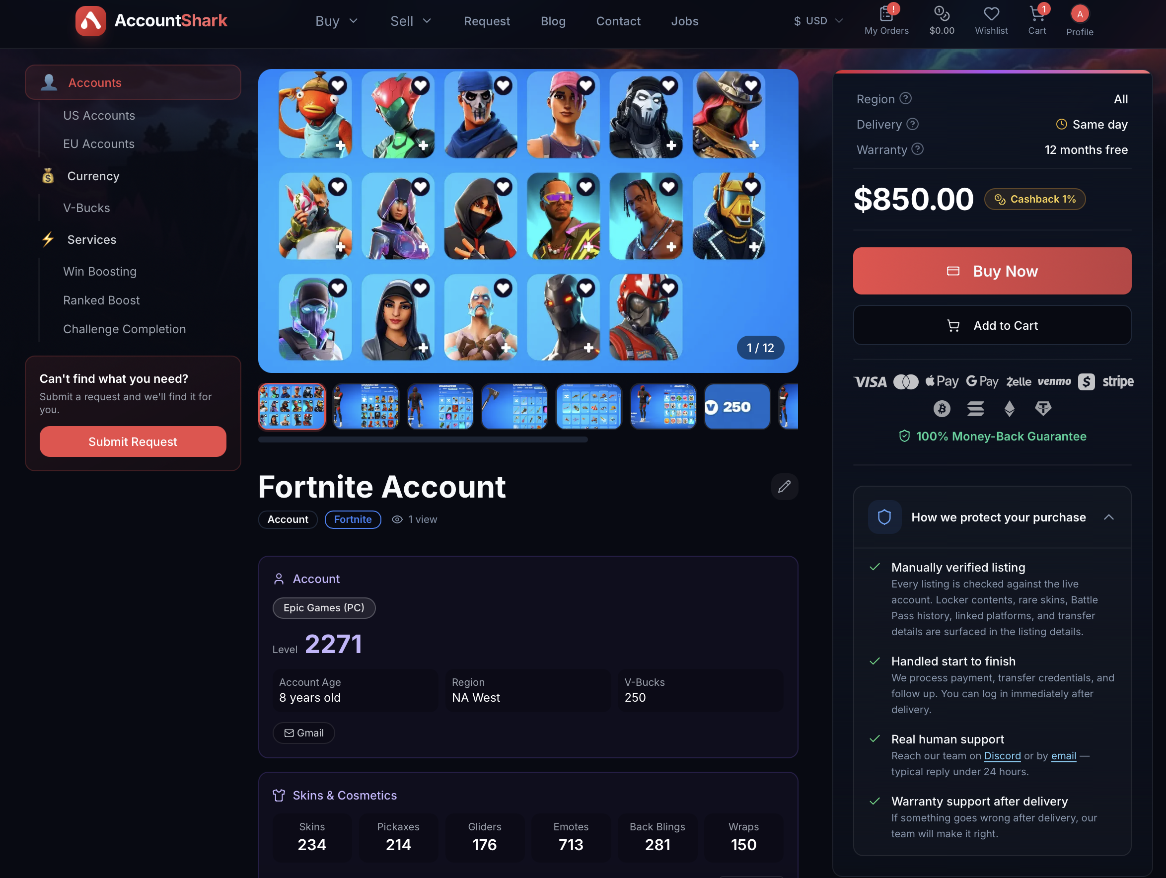 AccountShark Fortnite account listing detail showing locker breakdown, account level, region, linked platform, and purchase protection panel