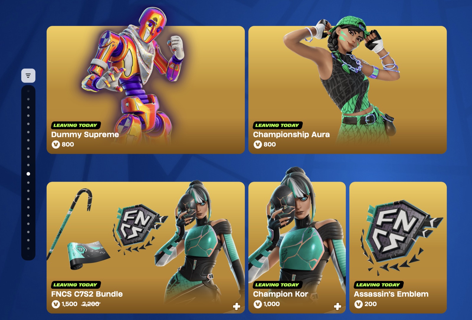 The Fortnite Item Shop showing cosmetics with Leaving Today labels and V-Bucks prices