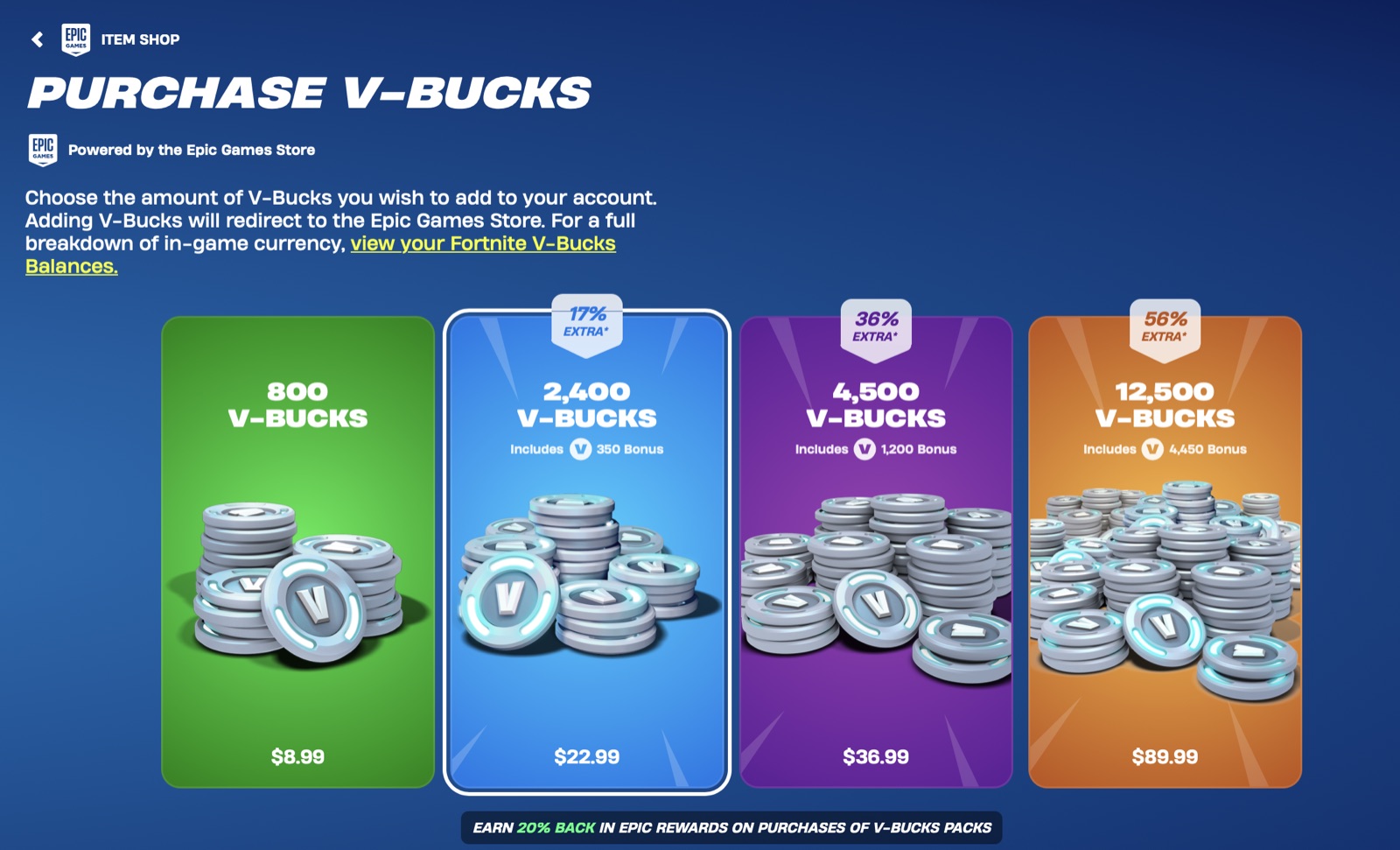 Epic Games official Purchase V-Bucks page showing the 800, 2,400, 4,500 and 12,500 V-Bucks packs and prices