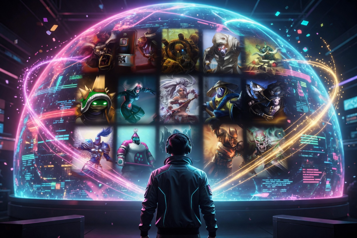 A player viewing a holographic wall of League of Legends champion and skin art, representing a LoL account's full cosmetic collection and its value