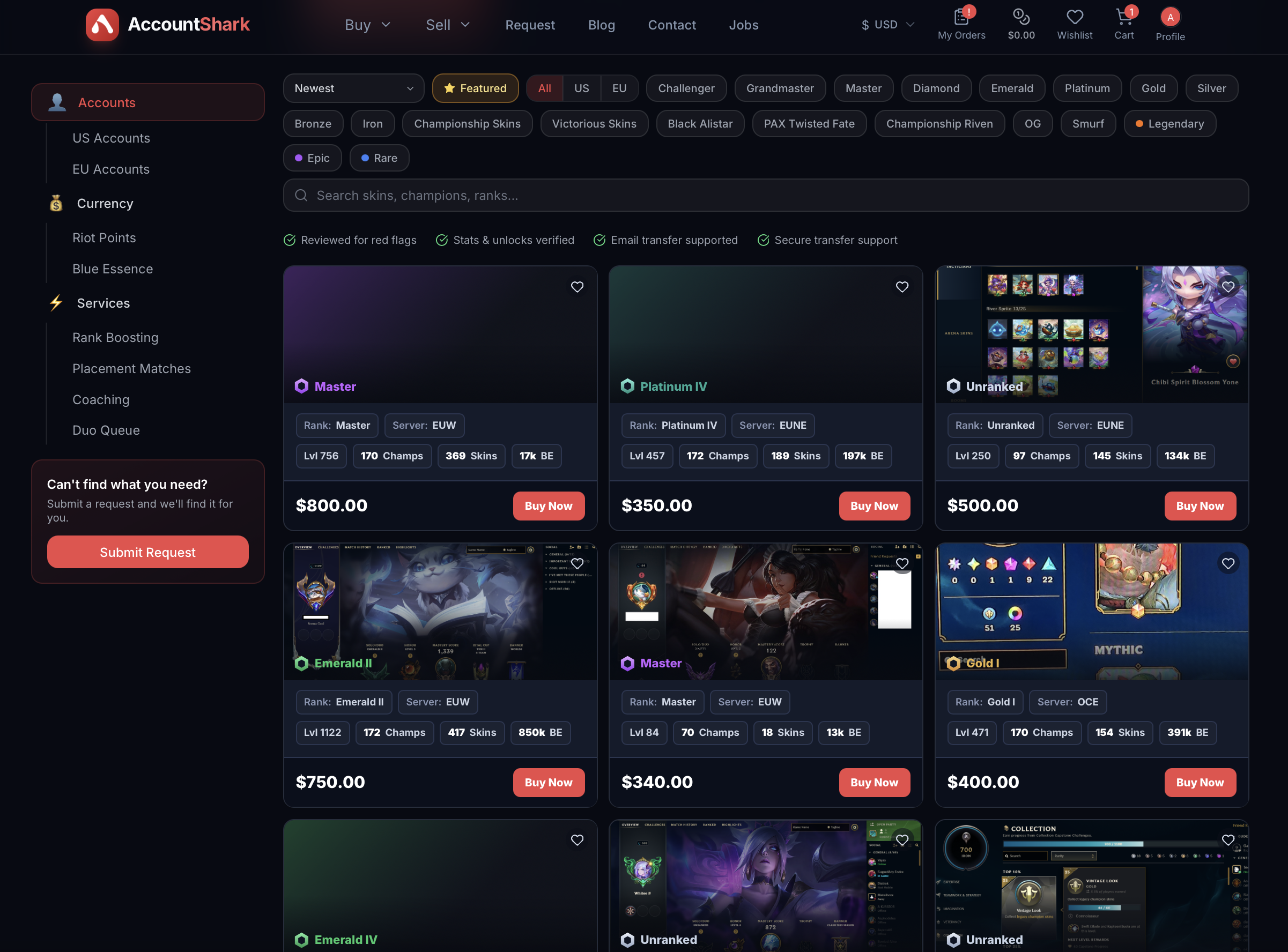 AccountShark League of Legends account listings showing rank and division, server, level, champions owned, skin count, and Blue Essence