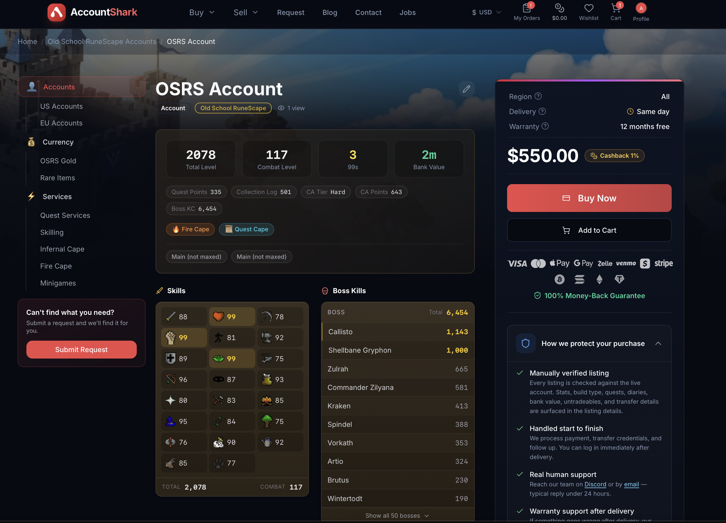 AccountShark OSRS account listing detail showing total level, combat level, bank value, quest points, collection log, Combat Achievement tier, and per-boss kill counts