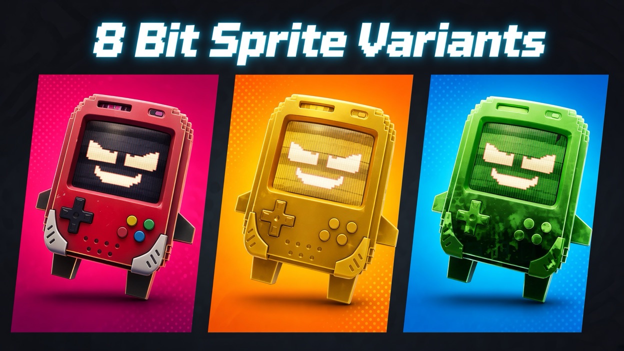8-Bit Sprite shown in three finishes: Base, Gold, and Cheat Master