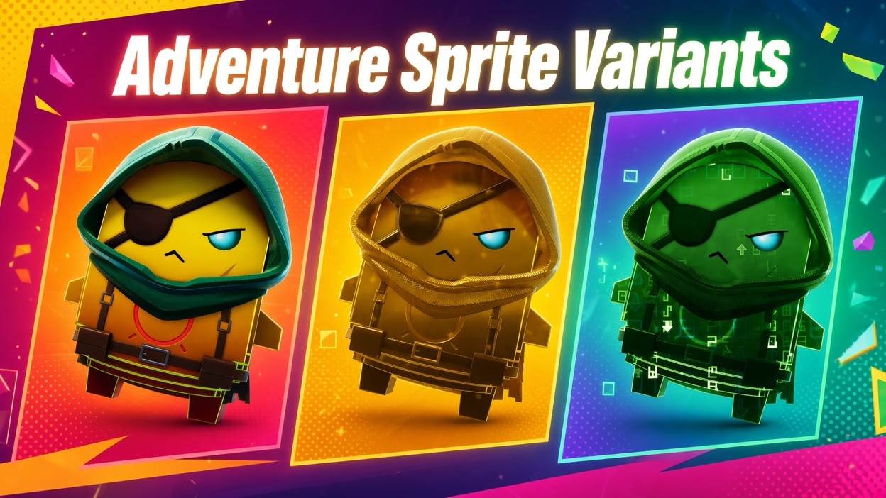 Adventure Sprite shown in three finishes: Base, Gold, and Cheat Master