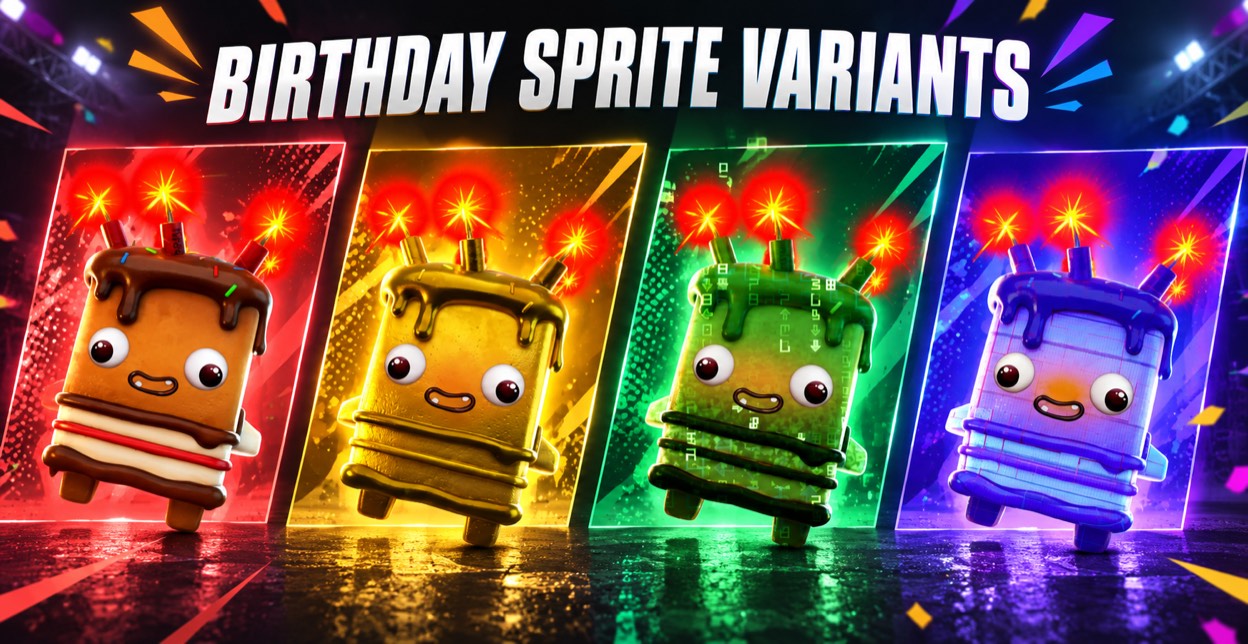 Birthday Sprite shown in four finishes: Base, Gold, Cheat Master, and Loot Hacker