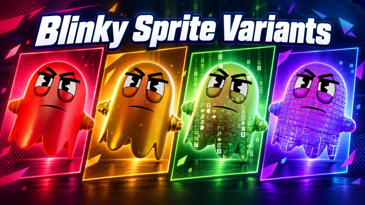 Blinky Sprite shown in four finishes: Base, Gold, Cheat Master, and Loot Hacker