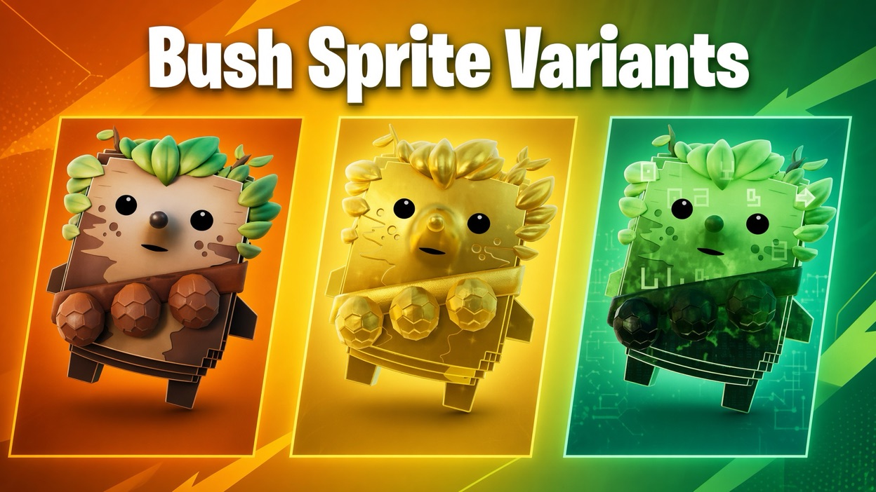 Bush Sprite shown in three finishes: Base, Gold, and Cheat Master