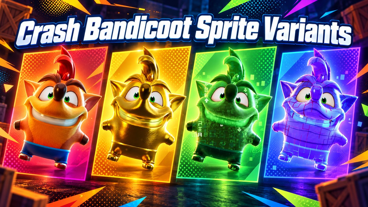 Crash Bandicoot Sprite shown in four finishes: Base, Gold, Cheat Master, and Loot Hacker