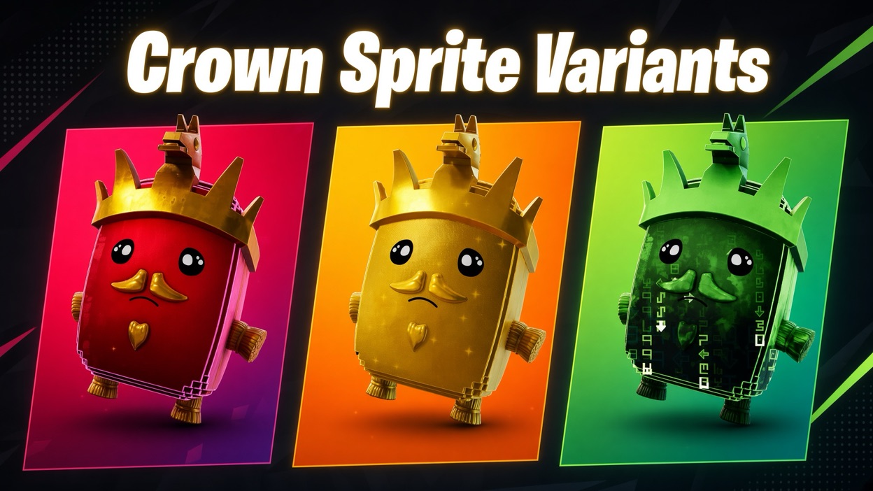Crown Sprite shown in three finishes: Base, Gold, and Cheat Master