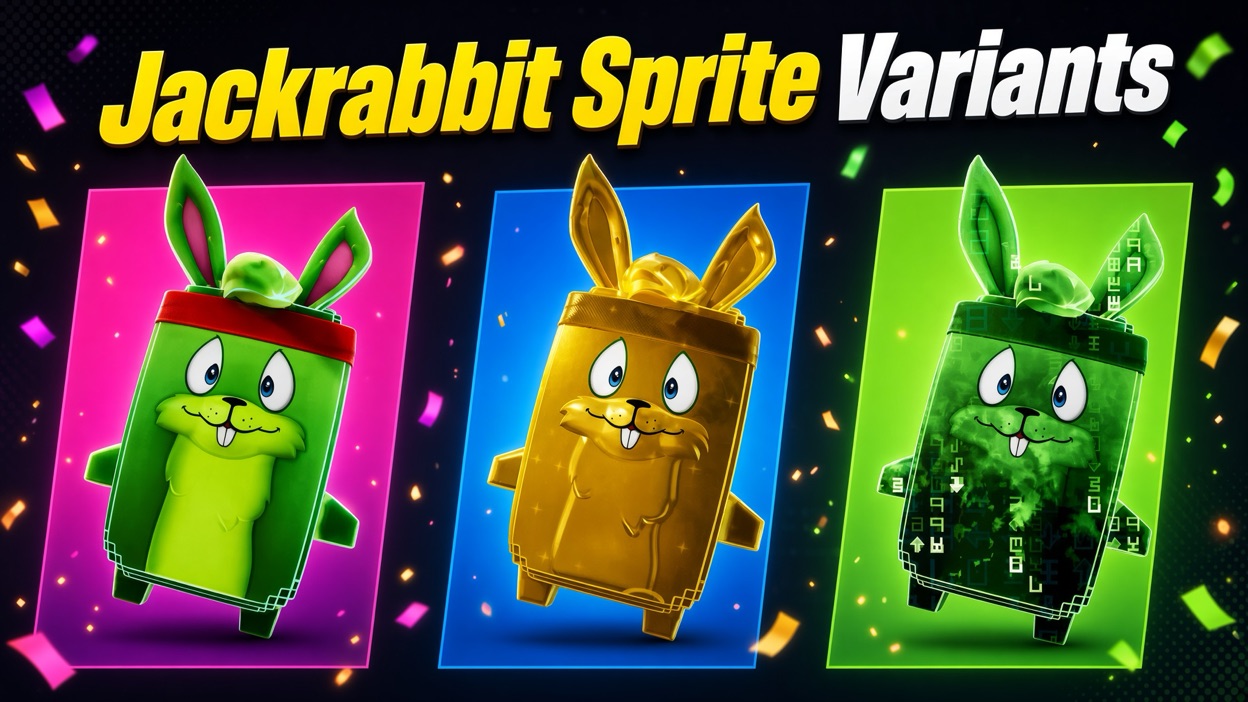Jackrabbit Sprite shown in three finishes: Base, Gold, and Cheat Master