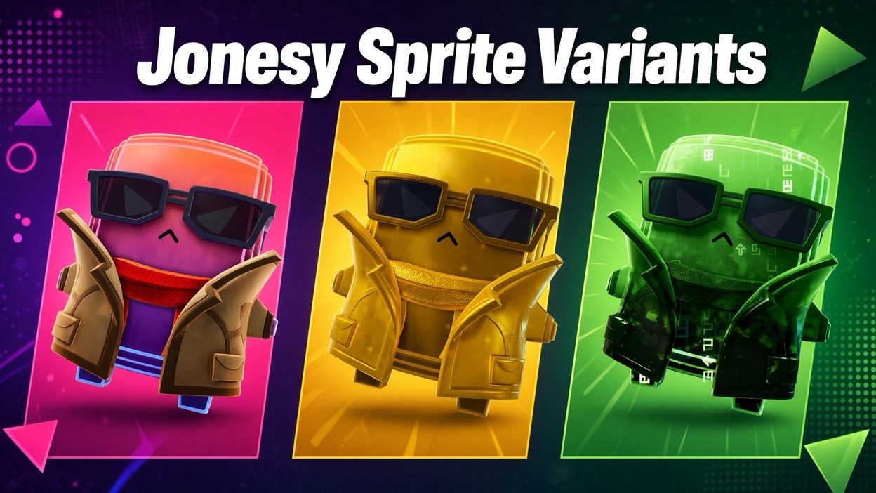 Jonesy Sprite shown in three finishes: Base, Gold, and Cheat Master
