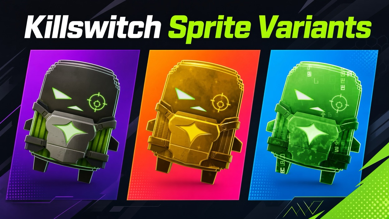 Killswitch Sprite shown in three finishes: Base, Gold, and Cheat Master
