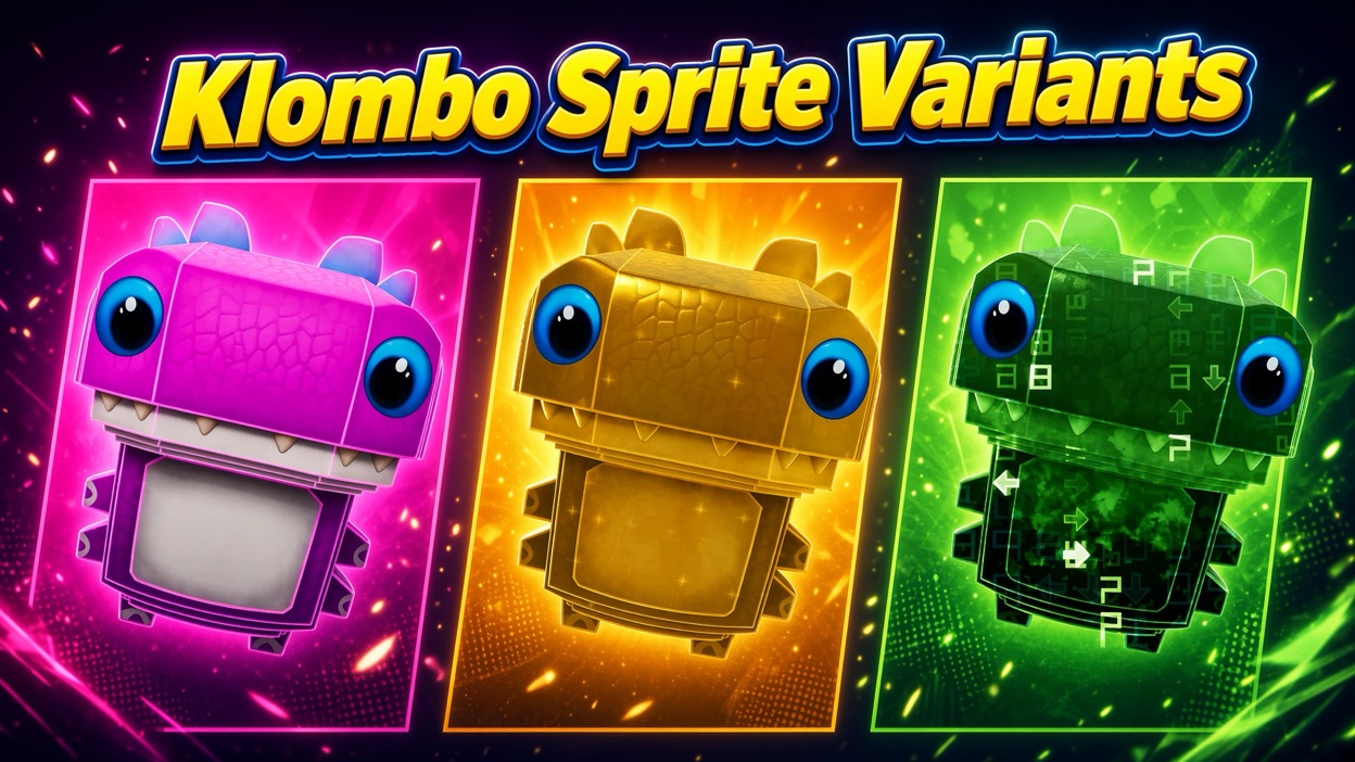 Klombo Sprite shown in three finishes: Base, Gold, and Cheat Master