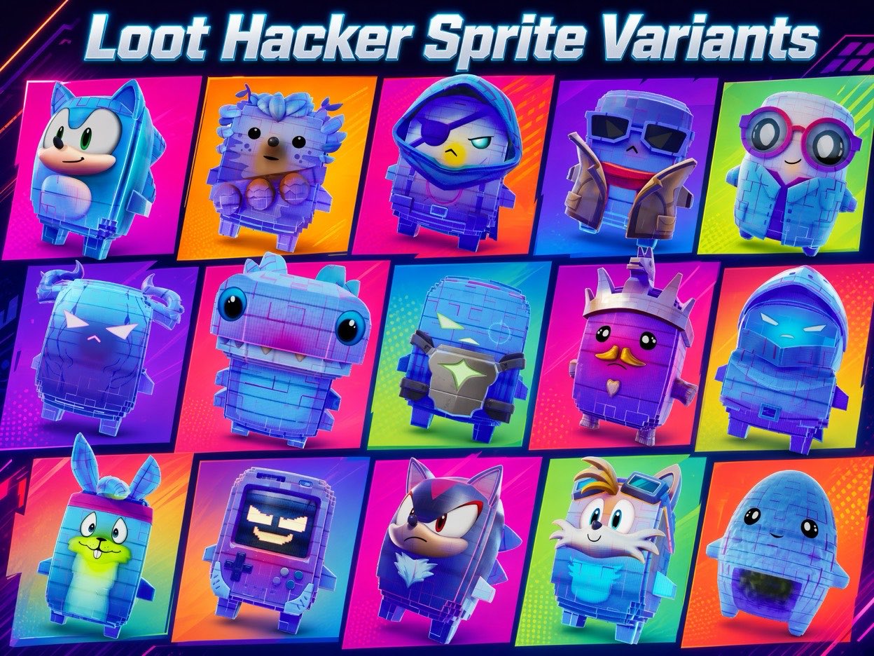 All fifteen Loot Hacker Sprites, each a blue-violet shell traced with magenta circuitry