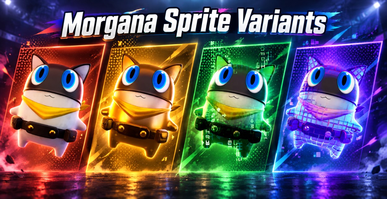 Morgana Sprite shown in four finishes: Base, Gold, Cheat Master, and Loot Hacker