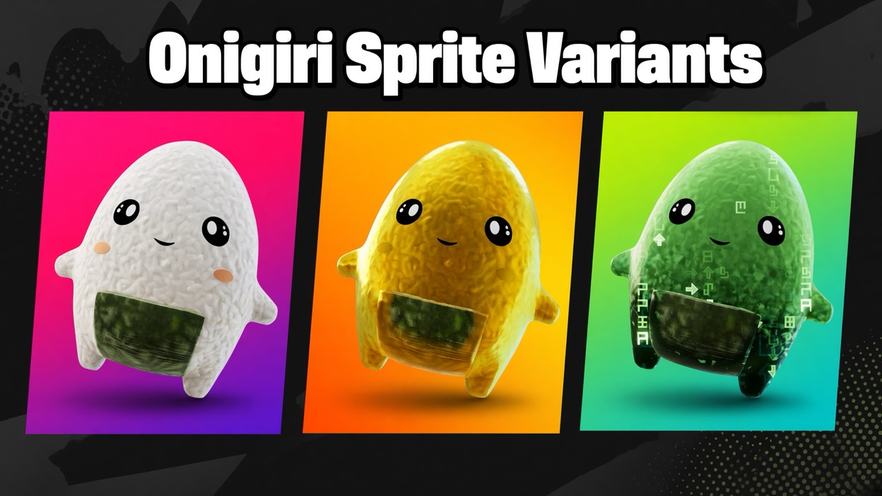 Onigiri Sprite shown in three finishes: Base, Gold, and Cheat Master