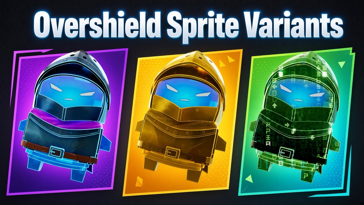 Overshield Sprite shown in three finishes: Base, Gold, and Cheat Master