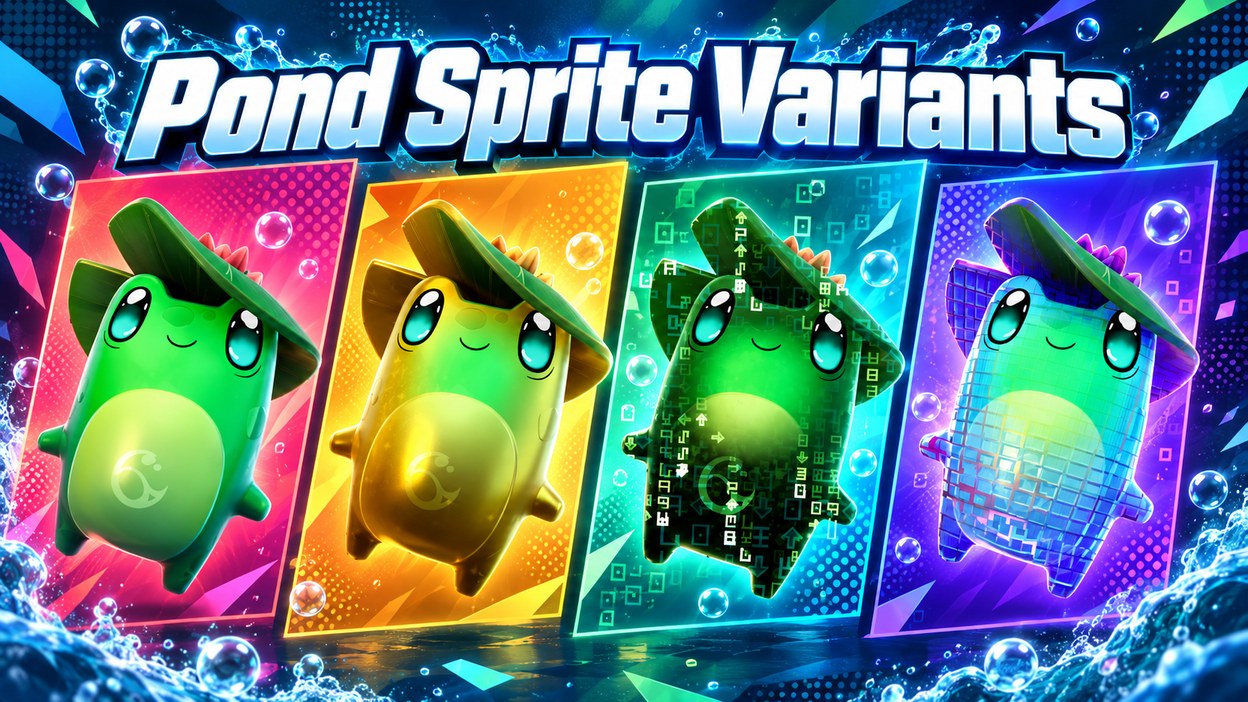 Pond Sprite shown in four finishes: Base, Gold, Cheat Master, and Loot Hacker