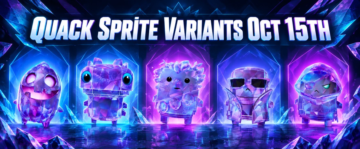 Quack Sprite variants for Spooky Dash, Klombo, Bush, Jonesy, and Adventure, each a purple crystal re-skin