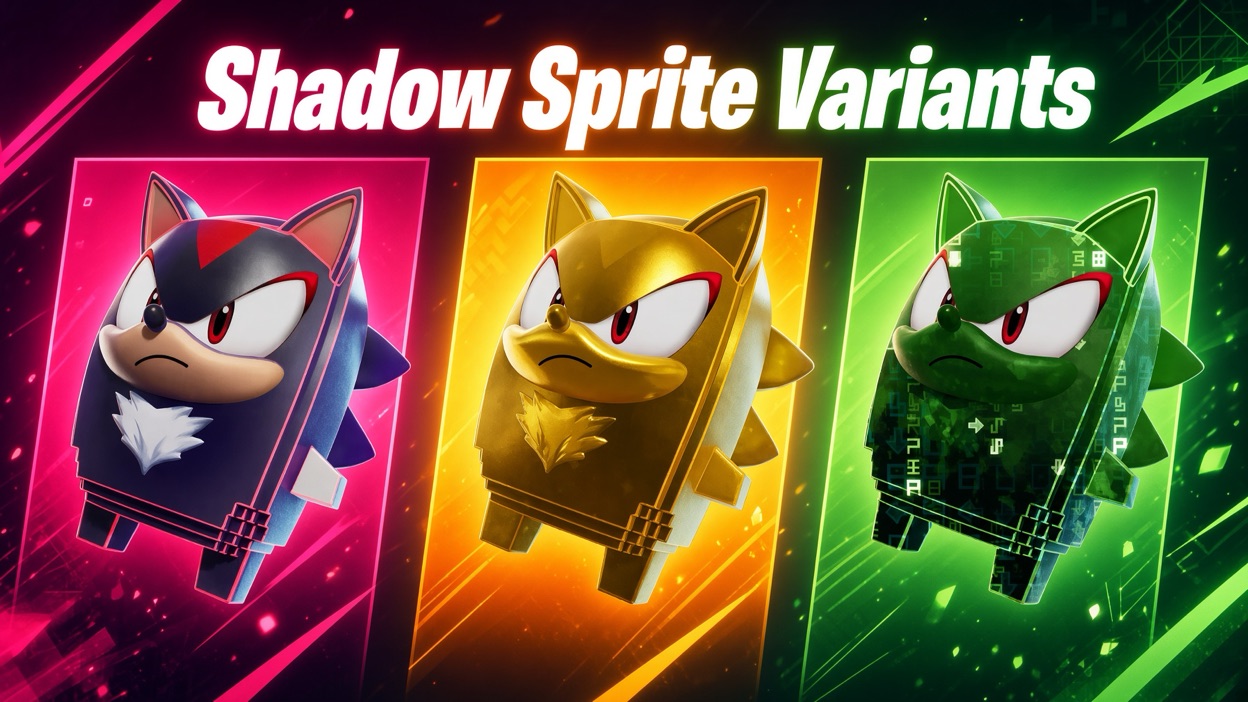 Shadow Sprite shown in three finishes: Base, Gold, and Cheat Master