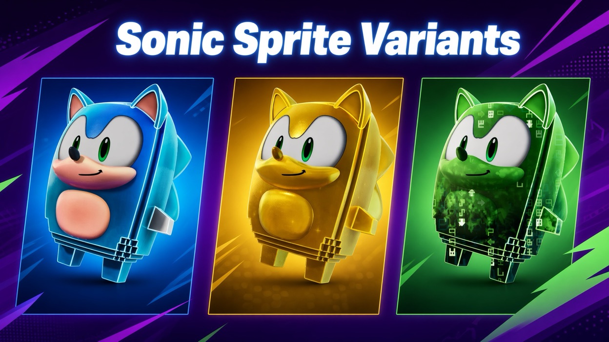 Sonic Sprite shown in three finishes: Base, Gold, and Cheat Master