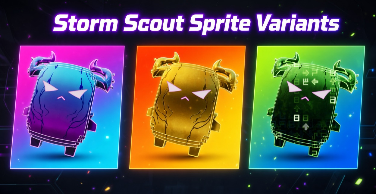 Storm Scout Sprite shown in three finishes: Base, Gold, and Cheat Master