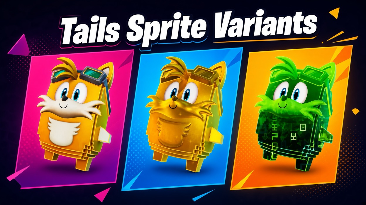 Tails Sprite shown in three finishes: Base, Gold, and Cheat Master