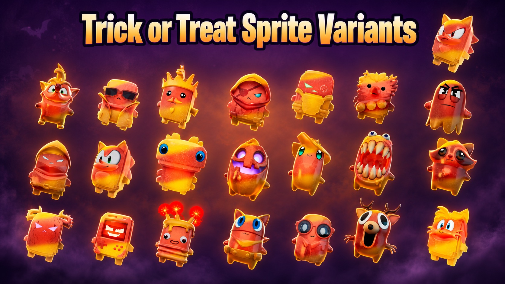 All 24 Trick or Treat Sprite variants, each a candy-corn orange and yellow Halloween re-skin
