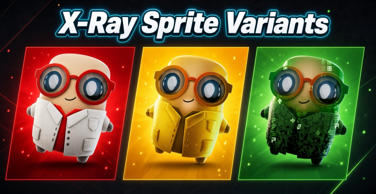 X-Ray Sprite shown in three finishes: Base, Gold, and Cheat Master