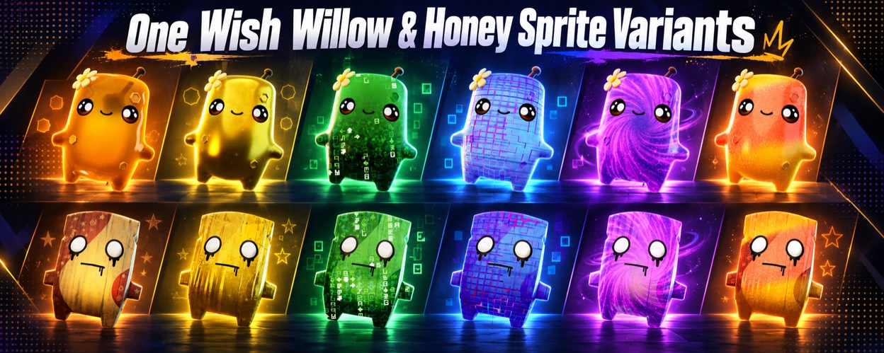 Honey and One Wish Willow Sprites, each shown in six finishes: Base, Gold, Cheat Master, Loot Hacker, Bounty Hunter, and Trick or Treat