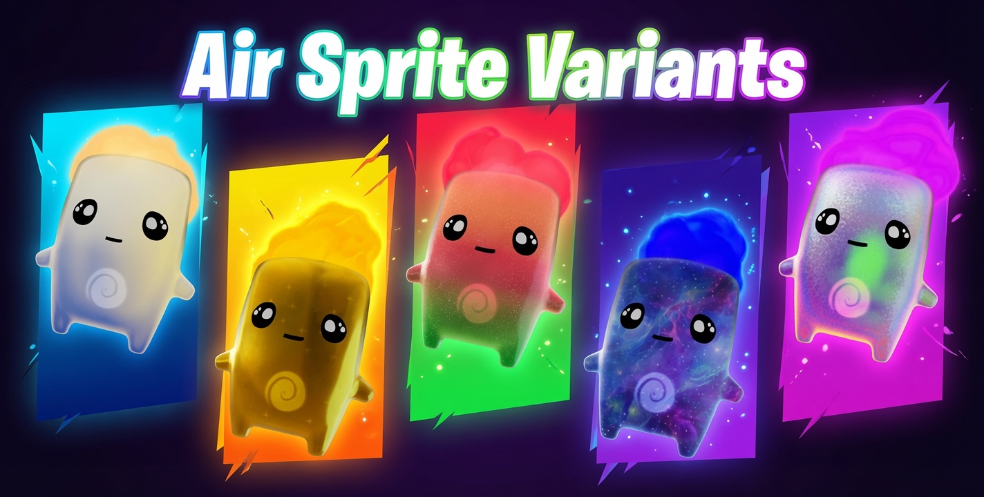 Fortnite Air Sprite variants: the Base, Gold, Gummy, Galaxy, and Holofoil versions of the Rare Air Sprite