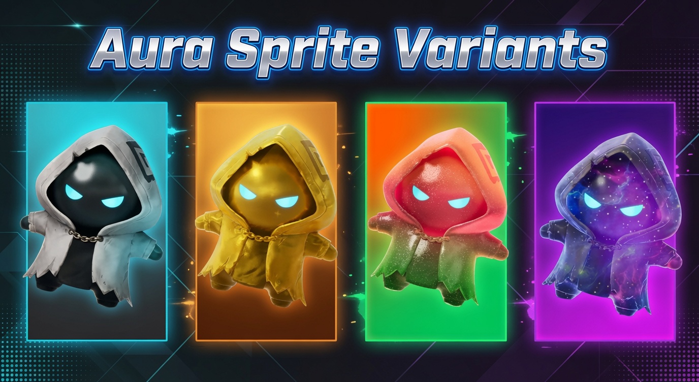 Fortnite Aura Sprite variants: the Base, Gold, Gummy, and Galaxy versions of the Epic Aura Sprite