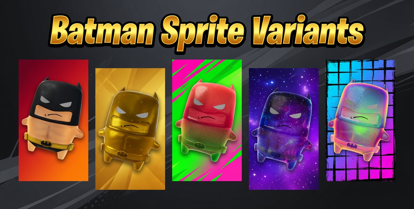 Fortnite Batman Sprite variants: the Base, Gold, Gummy, Galaxy, and Holofoil versions of the Mythic Batman Sprite