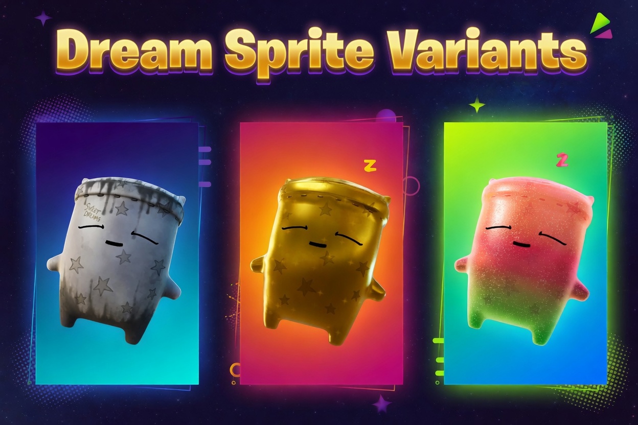 Fortnite Dream Sprite variants: the base, gold, and Gummy color versions of the Legendary Dream Sprite