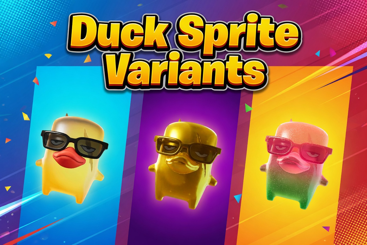 Fortnite Duck Sprite variants: the base, gold, and Gummy color versions of the Epic Duck Sprite