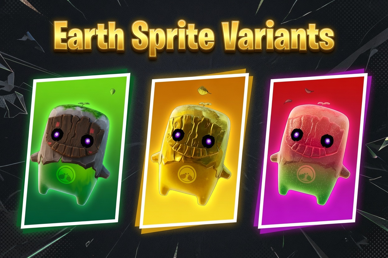 Fortnite Earth Sprite variants: the base green, gold, and Gummy color versions of the Rare Earth Sprite