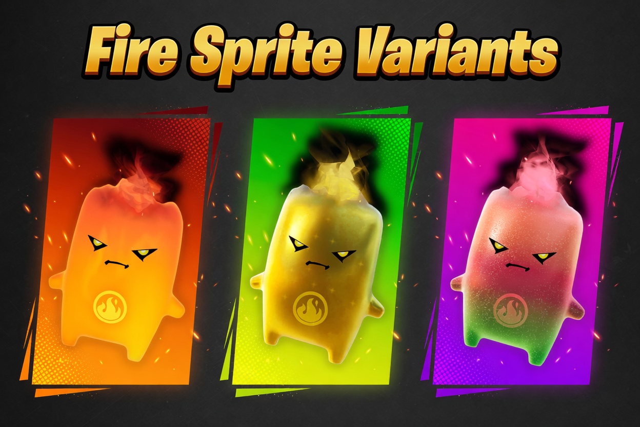 Fortnite Fire Sprite variants: the base orange, gold, and Gummy color versions of the Rare Fire Sprite