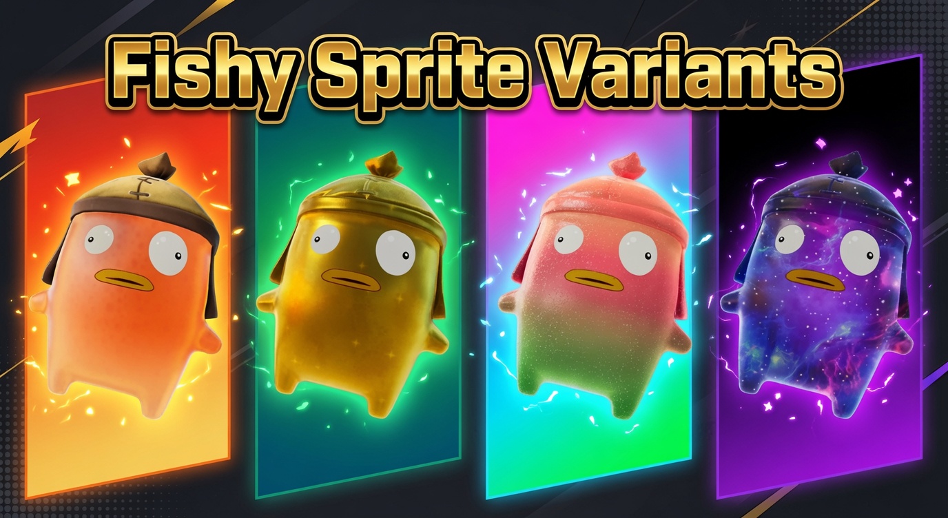 Fortnite Fishy Sprite variants: the Base, Gold, Gummy, and Galaxy versions of the Rare Fishy Sprite