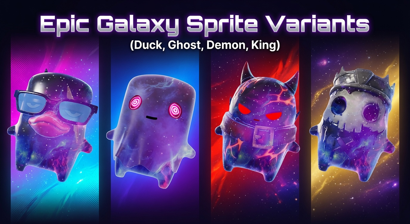 Fortnite Epic Galaxy Sprite variants: the cosmic Galaxy versions of the Duck, Ghost, Demon, and King Sprites