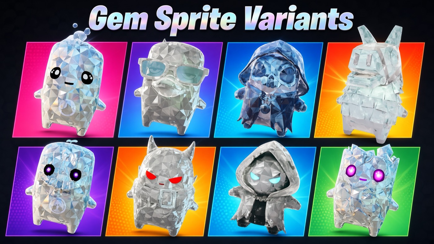 Fortnite Gem Sprite variants: the crystalline Gem finish on the Water, Duck, Grim, Llama, Earth, Demon, Aura, and Zero Point Sprites