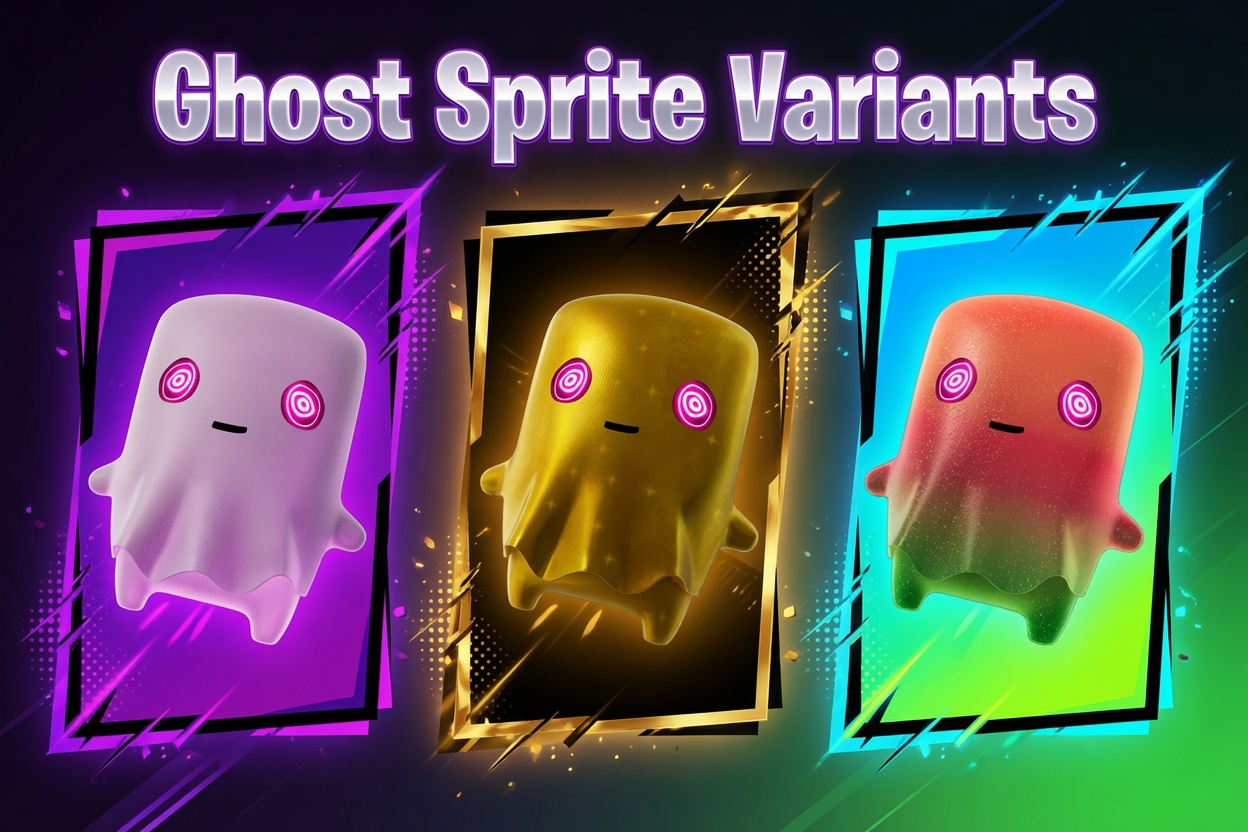 Fortnite Ghost Sprite variants: the base, gold, and Gummy color versions of the Epic Ghost Sprite