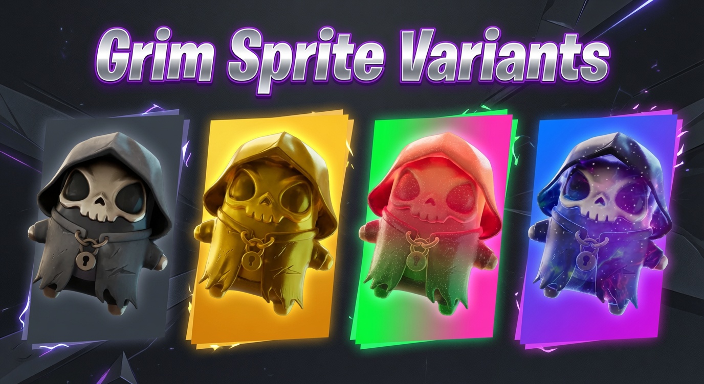 Fortnite Grim Sprite variants: the Base, Gold, Gummy, and Galaxy versions of the Mythic Grim Sprite