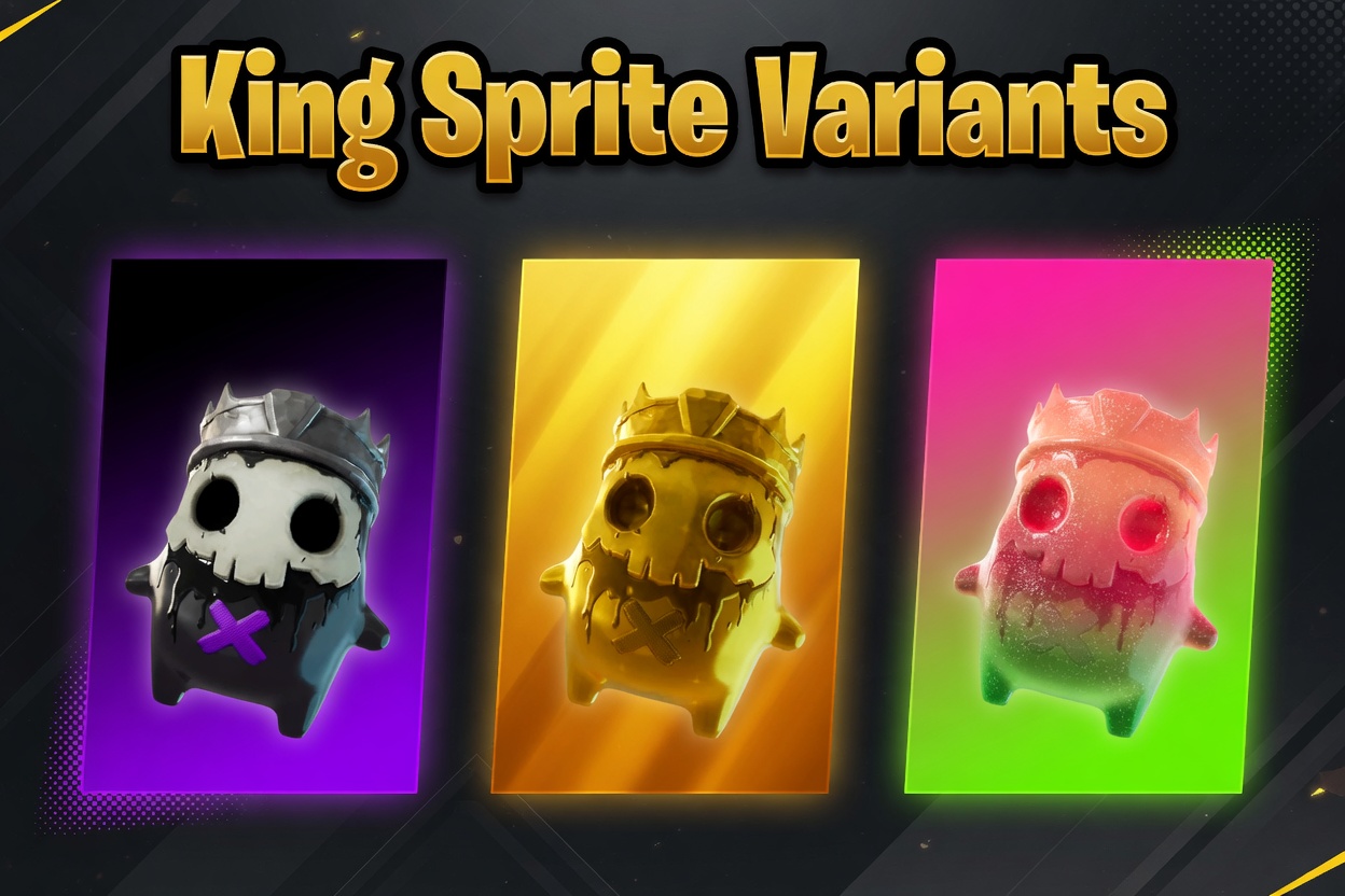 Fortnite King Sprite variants: the base, gold, and Gummy color versions of the Epic King Sprite